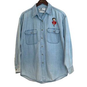 Vintage CMG Inc. Women's "Betty Boop" Long Sleeve Denim Pockets Shirt Blue Size